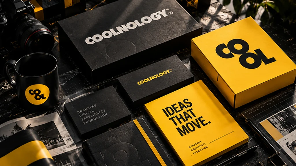 Materiales de identidad visual y branding de Coolnology, con papelería corporativa y empaques en negro y amarillo.