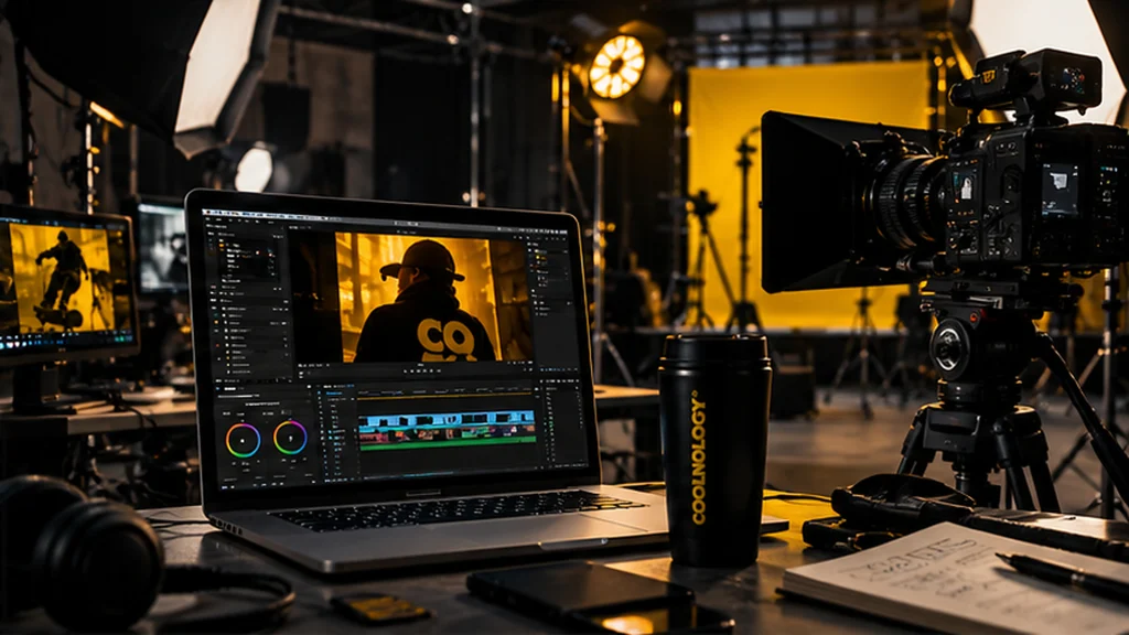 Estudio de producción audiovisual con cámaras, iluminación y equipo de edición para crear contenido digital.