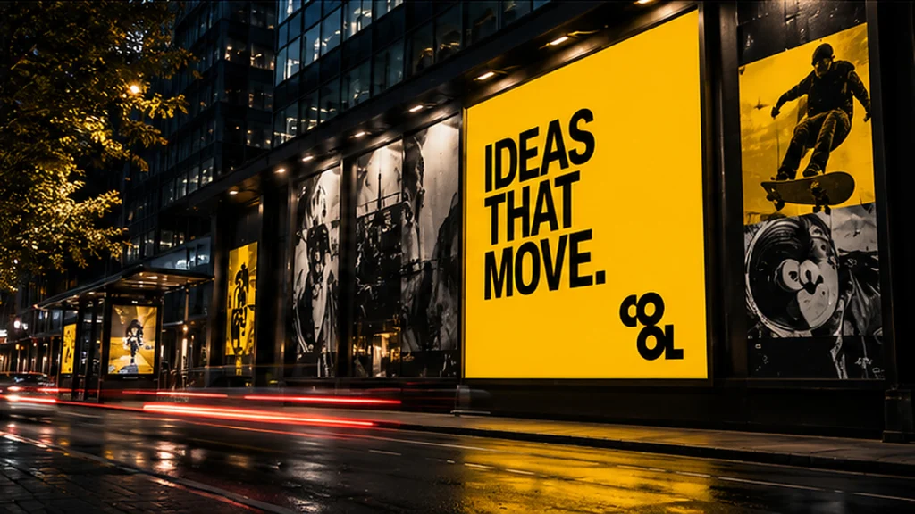 Campaña publicitaria exterior de Coolnology con anuncios de gran formato en una avenida urbana.