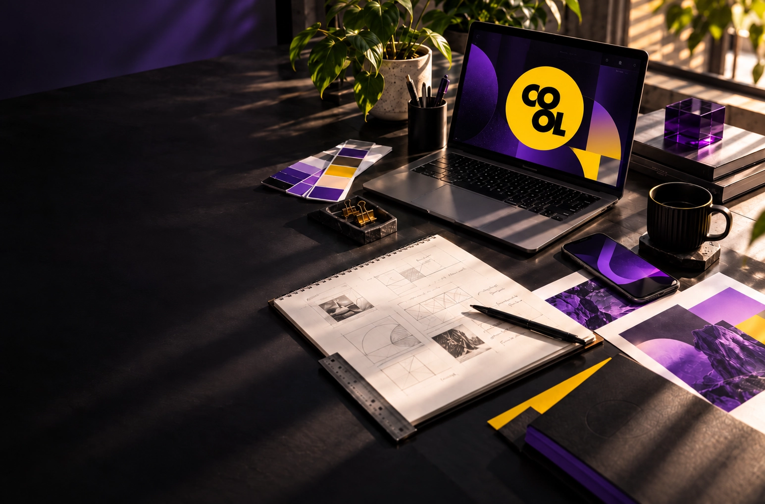 Espacio de trabajo creativo con materiales de diseño y branding.