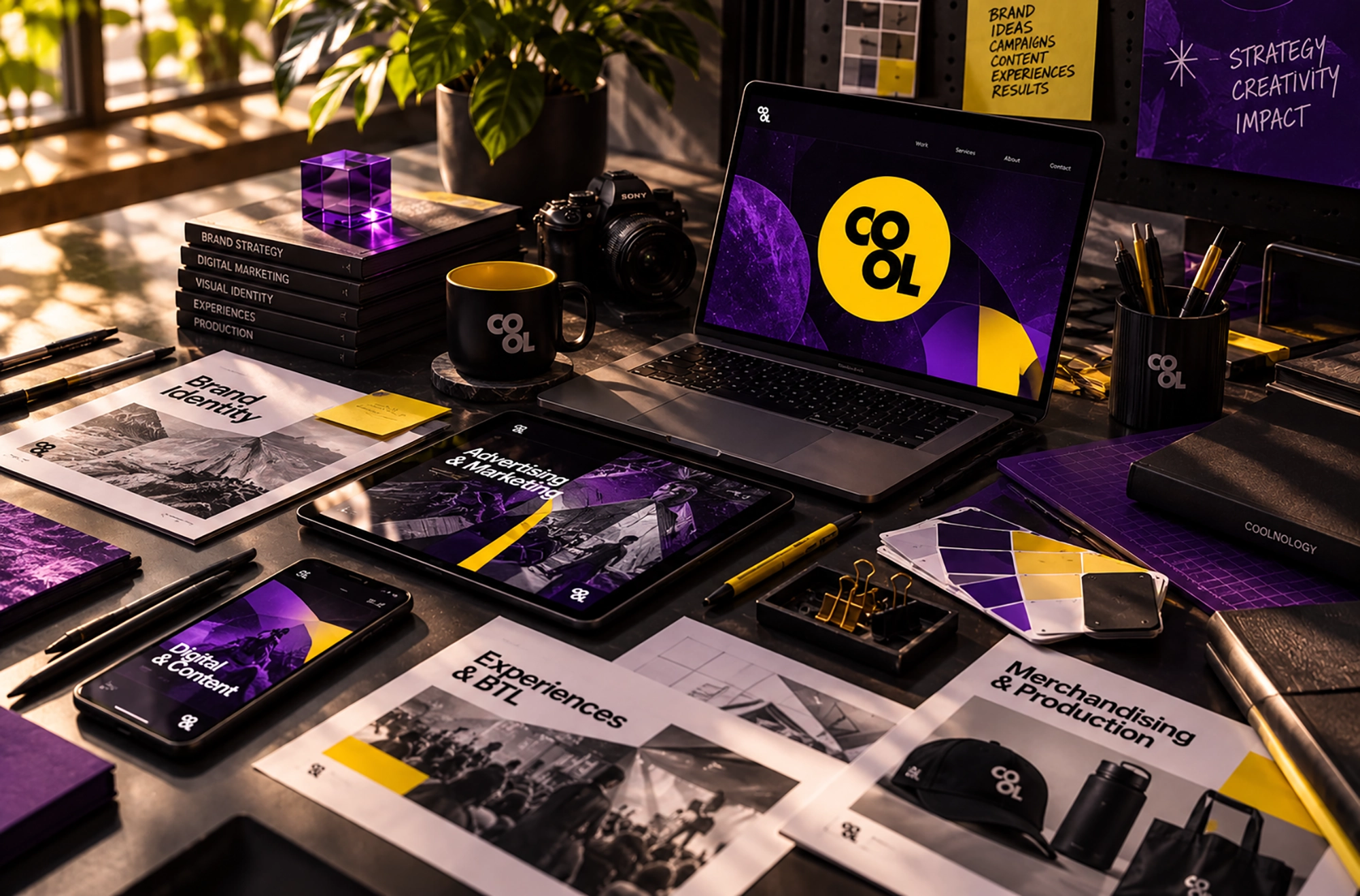 Espacio creativo de Coolnology con aplicaciones de branding, diseño gráfico, campañas publicitarias, contenido digital, experiencias BTL y merchandising en una composición editorial morada y amarilla.
