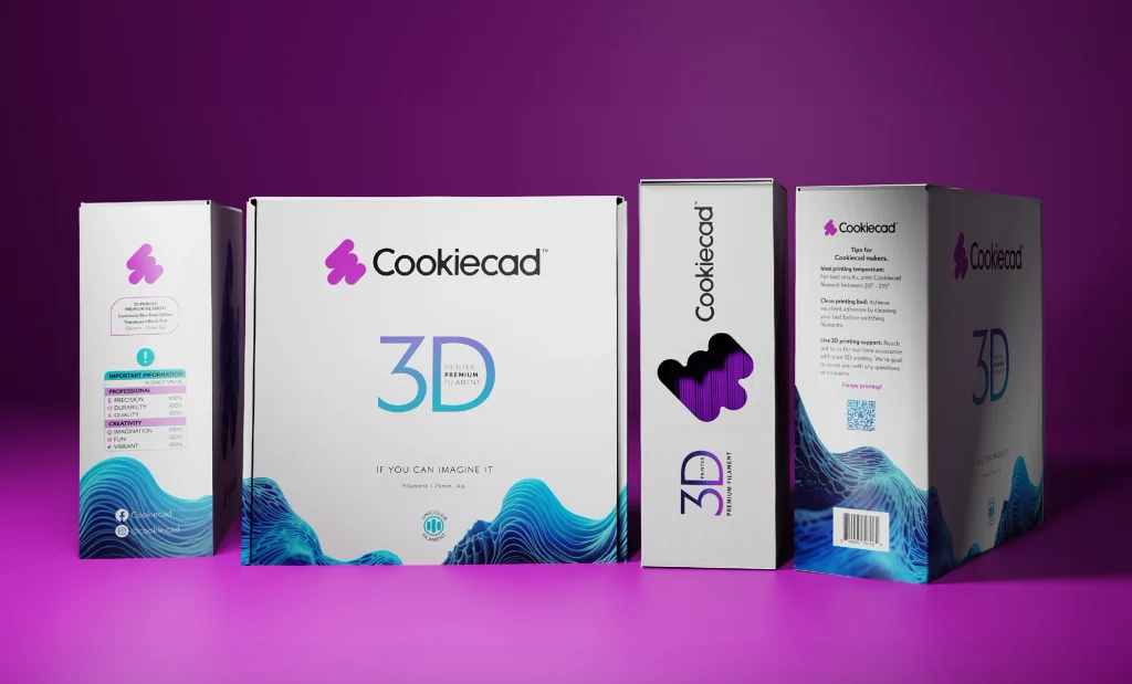 Diseño de empaques para filamentos de impresión 3D de Cookiecad.