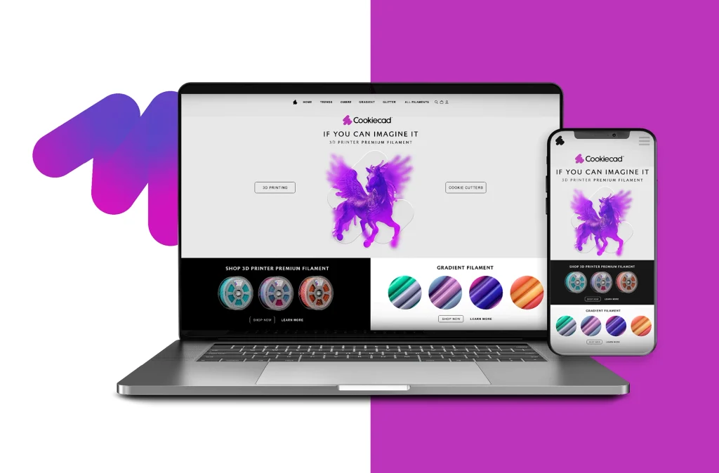 Diseño de identidad Cookiecad aplicado a sitio web y dispositivos digitales con gráficos morados y magenta.