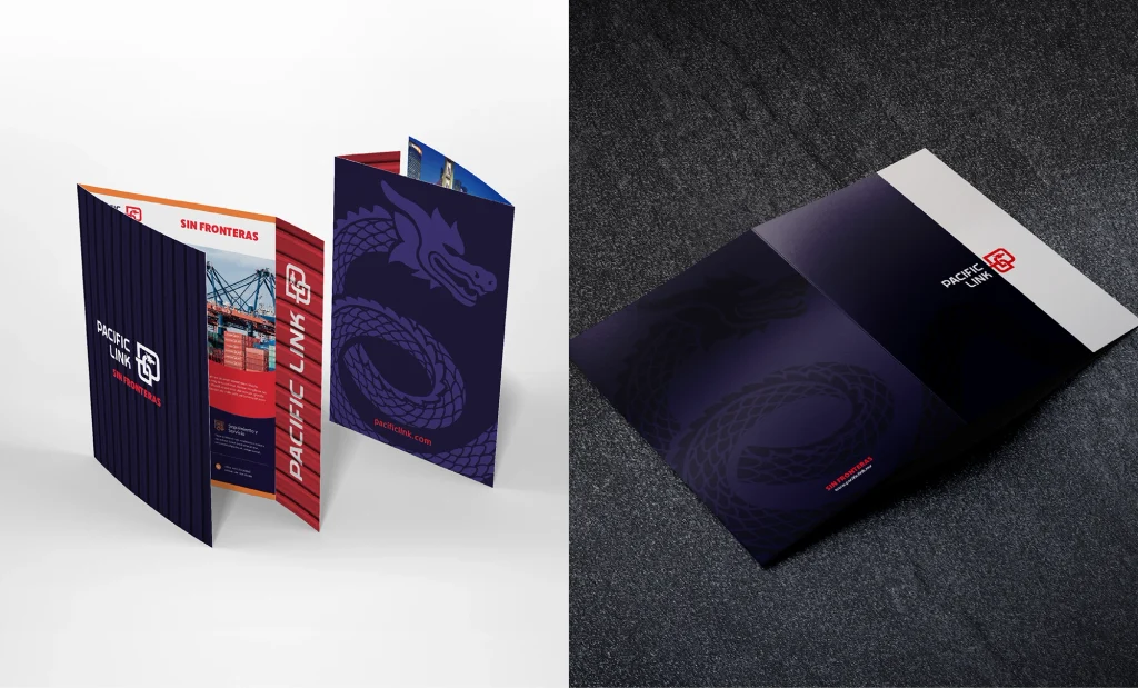 Diseño de papelería y materiales impresos con la identidad corporativa Pacific Link.