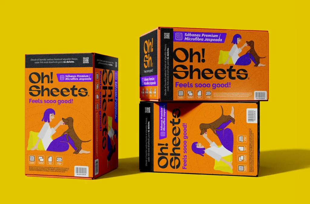Packaging naranja: Diseño de empaque para sábanas premium de microfibra jaspeada Oh! Sheets, con ilustraciones y colores vibrantes.