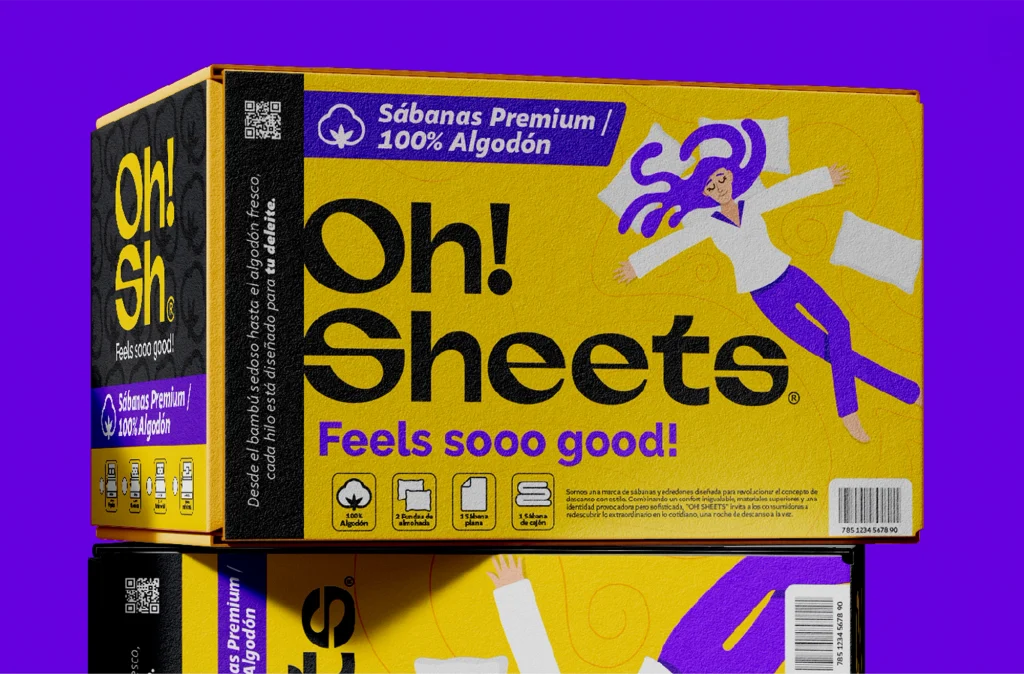 Packaging amarillo: Empaque de sábanas premium 100% algodón Oh! Sheets, con identidad tipográfica e ilustración original.