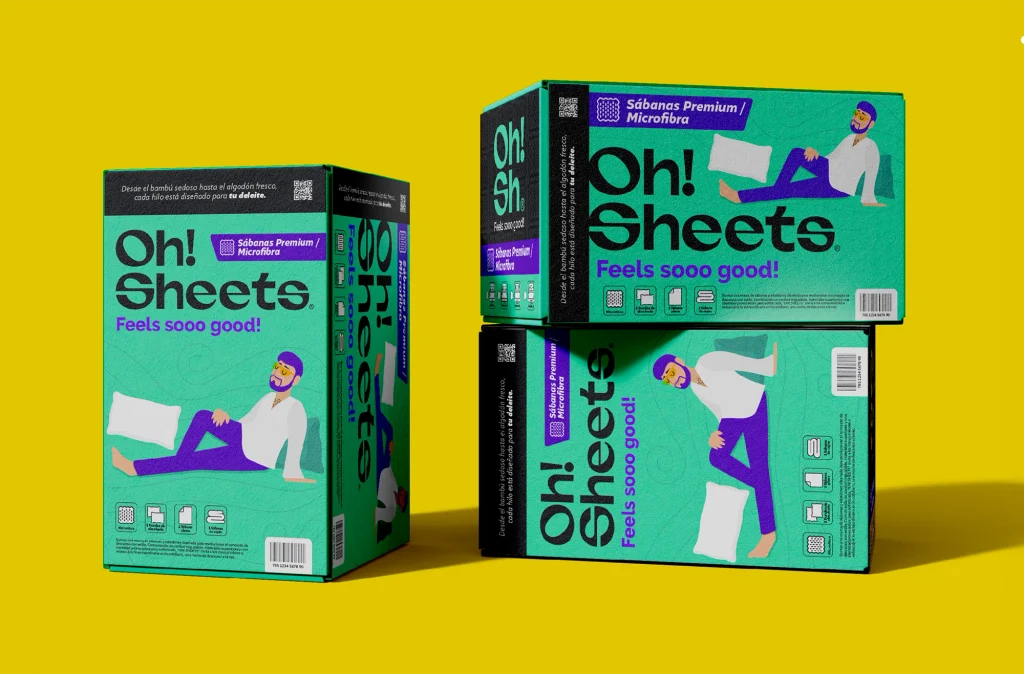 Packaging turquesa: Diseño de empaque para sábanas premium de microfibra Oh! Sheets, con ilustraciones y una paleta turquesa y morada.