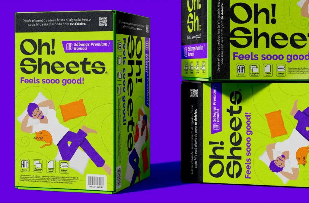 Diseño de empaque para sábanas premium de bambú Oh! Sheets, con ilustraciones y una combinación de verde, morado y naranja.