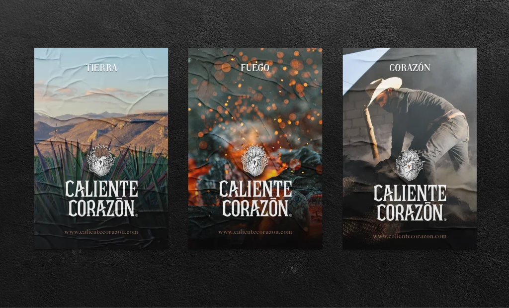 Serie de tres carteles de Caliente Corazón inspirados en tierra, fuego y corazón, con fotografías de agaves, brasas y producción artesanal.