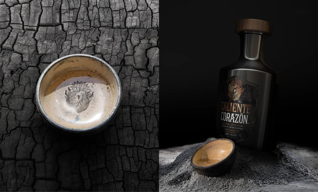Diseño de botella y etiqueta de mezcal artesanal Caliente Corazón, con acabados negros y cobrizos, acompañada de recipiente de cerámica.