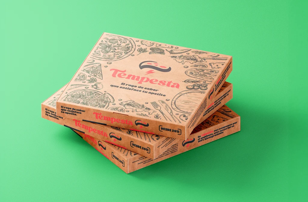 Diseño de cajas para pizza y empaques personalizados con identidad Tempesta.