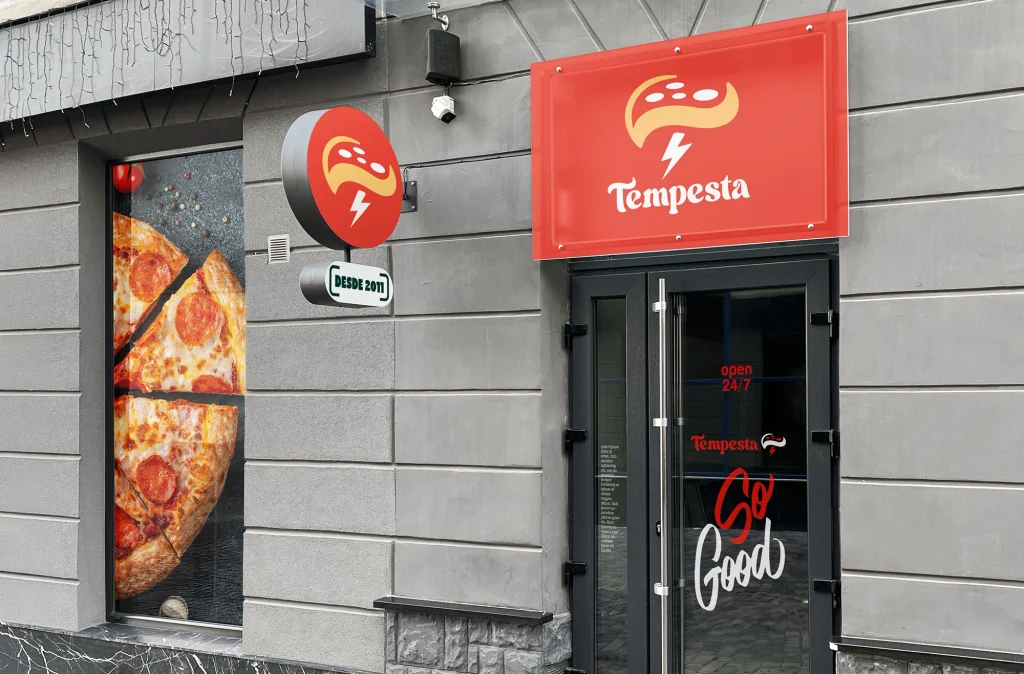 Propuesta de identidad visual de Pizza Tempesta aplicada a fachada comercial.