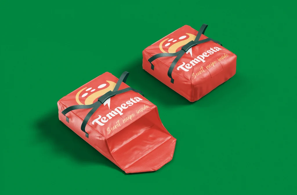 Aplicaciones de branding para el servicio de entrega a domicilio de Pizza Tempesta.