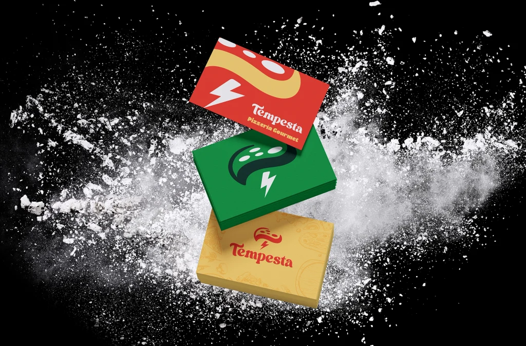 Desarrollo de branding para Pizza Tempesta con aplicaciones de identidad visual.