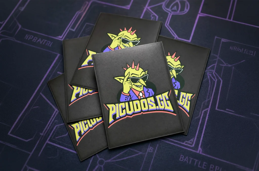Diseño de tarjetas de presentación Picudos.gg con logotipo, mascota e identidad gráfica.
