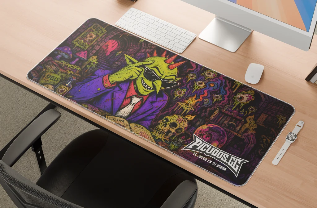 Diseño de tapete de juego Picudos.gg con ilustración de goblin y estética fantástica.