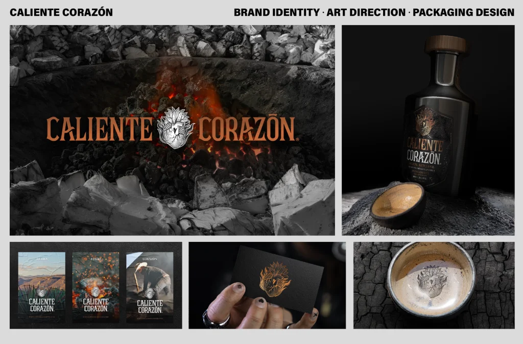Desarrollo de una identidad visual para Caliente Corazón, marca de mezcal artesanal que celebra la fuerza de sus raíces, la tradición y el espíritu de México.